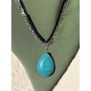 Teardrop Turquoise Pendant Silver Alloy Double Strand Fashion Necklace 18"